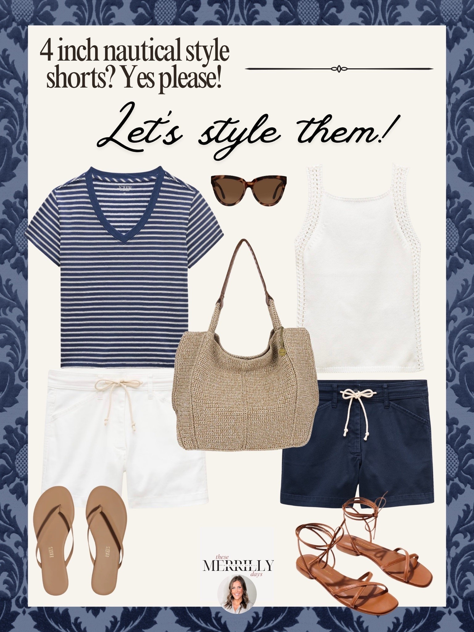 Styling these nautical inspired shorts might be my favorite summer outfit formula yet. The striped tee and flip flops give an effortless coastal casual look, while the navy shorts paired with the white tank and lace up sandals feel elevated enough for vacation dinners, beach towns, or summer weekends out.

coastal summer outfits, nautical style fashion, summer outfit ideas, navy shorts outfit, white shorts outfit, beach vacation style, casual chic summer outfits, preppy coastal style, old money summer aesthetic, resort wear inspiration, woven tote bag, striped tee outfit, summer sandals outfit, effortless summer fashion, Thesemerrillydays

#LTKootd #LTKSeasonal #LTKTravel