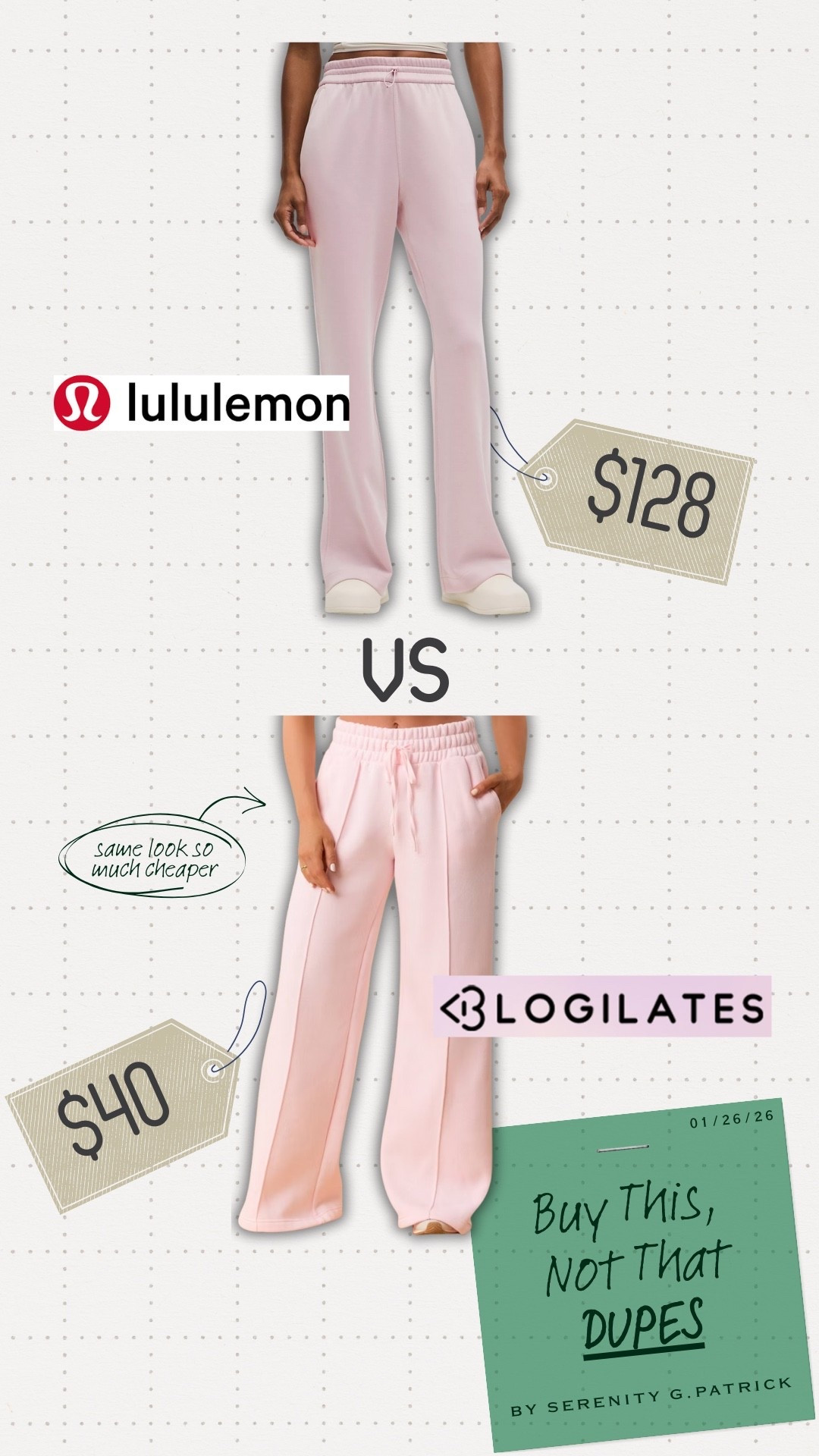 We all like to look bougie on a budget, and dupes are the new way to get the look in an inexpensive way. The new sweatpants trend is these buttery soft lululemon pairs. I found a dupe at target that is more similar to a previous style of the sweatpants for just a fraction of the price. While there are some slight difference between the two brands, for an over $85 in savings you can’t beat the price. 

(January 26 2026)

#LTKSaleAlert #LTKActive #LTKgrwm