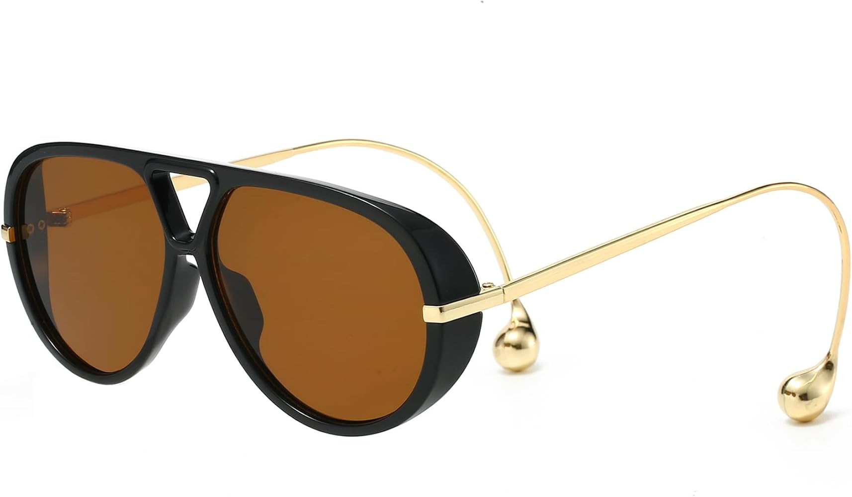 YAMEIZE Oversized Pilot Sunglasses for Women Men Retro 70s Double Bridge With Earring Round Shield Big Sun Glasses UV400 | Amazon (US)