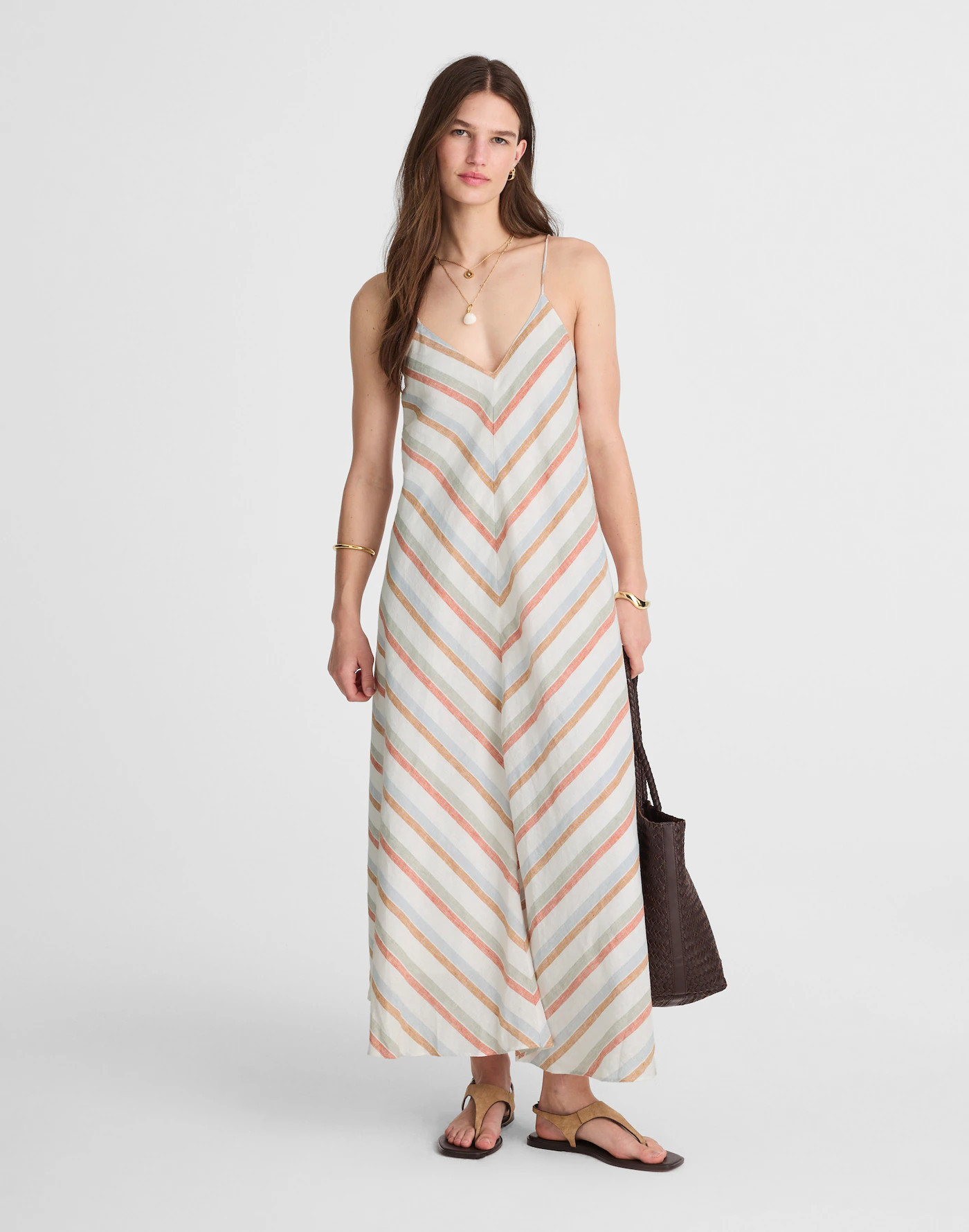 Striped V-Neck Midi Dress in 100% Linen | Madewell | Madewell