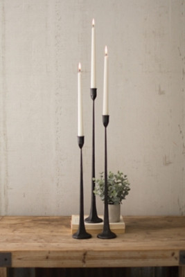 Set of Three Tall Cast Iron Taper Candle Holders, Black/Gray | Ashley