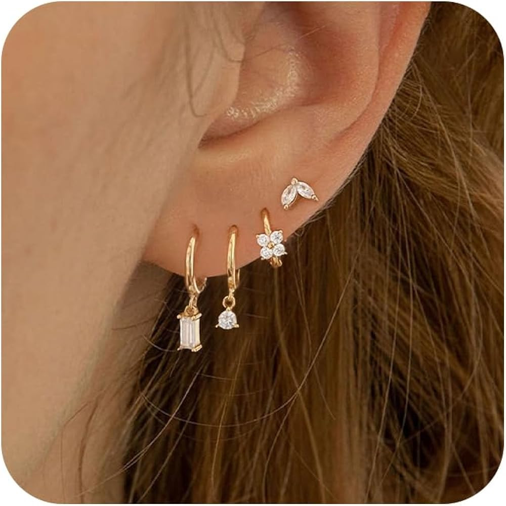 Silver Earrings Set for Women, Dainty Huggie Hoop Earrings 14k Gold/Silver Plated Lightweight Car... | Amazon (US)
