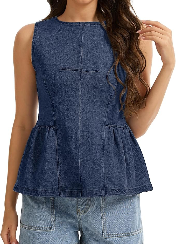 Womens Denim Tank Top Sleeveless Denim Peplum Top with Back Zipper | Amazon (US)