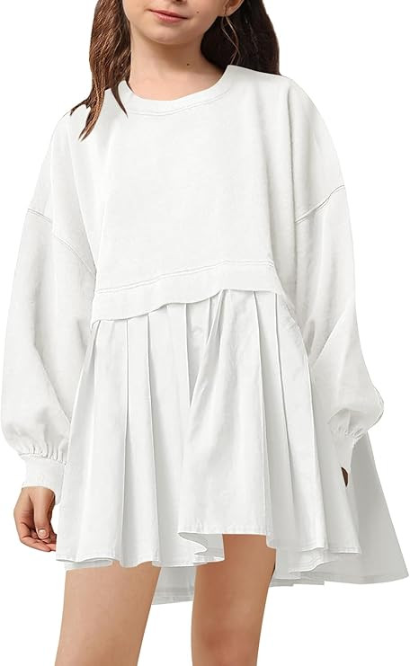 Batermoon Girls Pleated Sweatshirt Dresses Kids Fashion Long Sleeve Crew Neck Mini Dress 5-14 Yea... | Amazon (US)