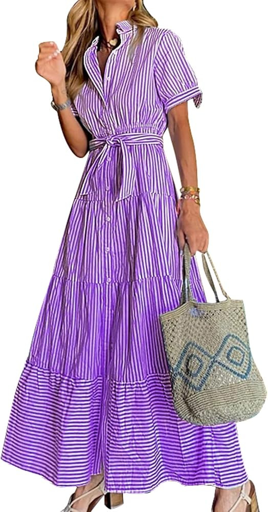 Remelon Womens Short Sleeve V Neck Stripe Print Button Down Shirt Tunic Party Flared Swing Long Maxi | Amazon (US)