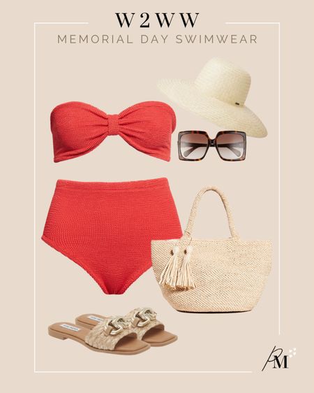 hunza g two piece ruby red swimsuit 
shopbop straw hat 
steve madden sandals
straw beach tote
gucci sunglasses 

#LTKSeasonal #LTKswim #LTKFind