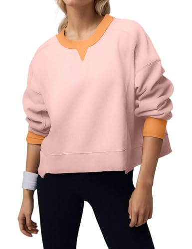 HOCANDY Womens Oversized Color Block Sweatshirts Crewneck Casual High Low Ribbed Hem Long Sleeve Drop Shoulder Pullover Tops Pink | Amazon (US)