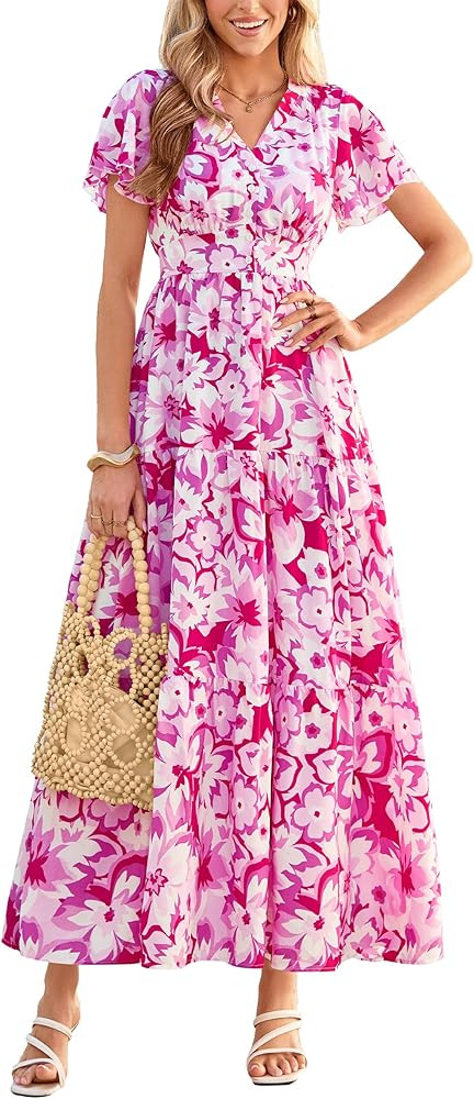 PRETTYGARDEN Women Summer Maxi Dresses 2026 Short Sleeve V Neck Button Floral Tiered Flowy Boho S... | Amazon (US)