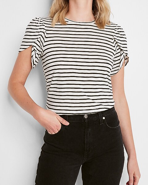 Skimming Slub Striped Tulip Sleeve Tee | Express