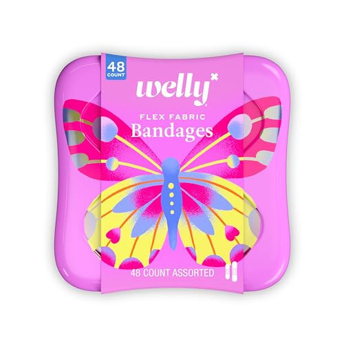 Welly Bandages | Adhesive Flexible Fabric Bravery Badges | Assorted Shapes for Minor Cuts, Scrapes, and Wounds | Colorful and Fun First Aid Tin | Butterfly Patterns - 48 Count | Amazon (US)