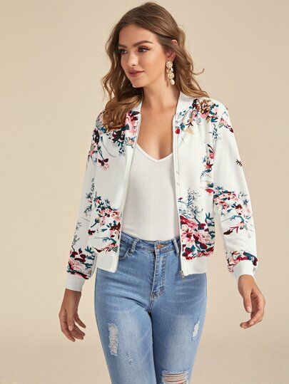 SHEIN Floral Print Zipper Up Bomber Jacket | SHEIN