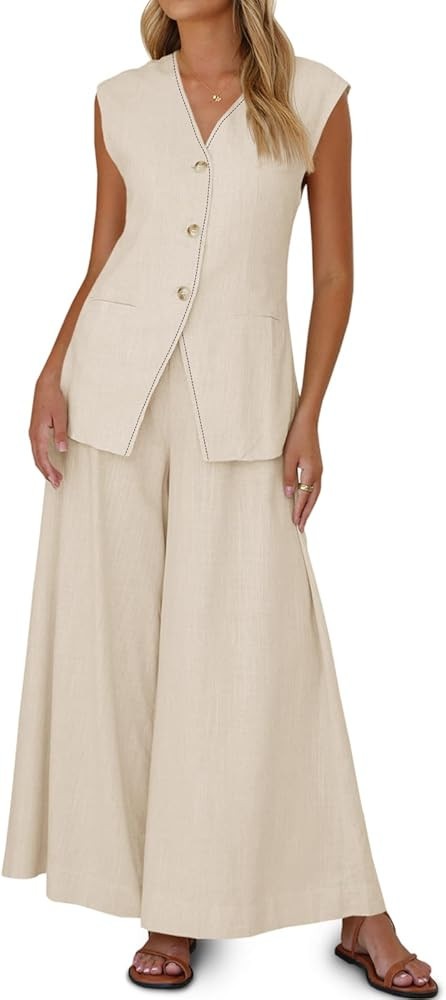 Cicy Bell Womens Summer 2 Piece Outfits Button Front V Neck Vest and High Waisted Wide Leg Pants ... | Amazon (US)