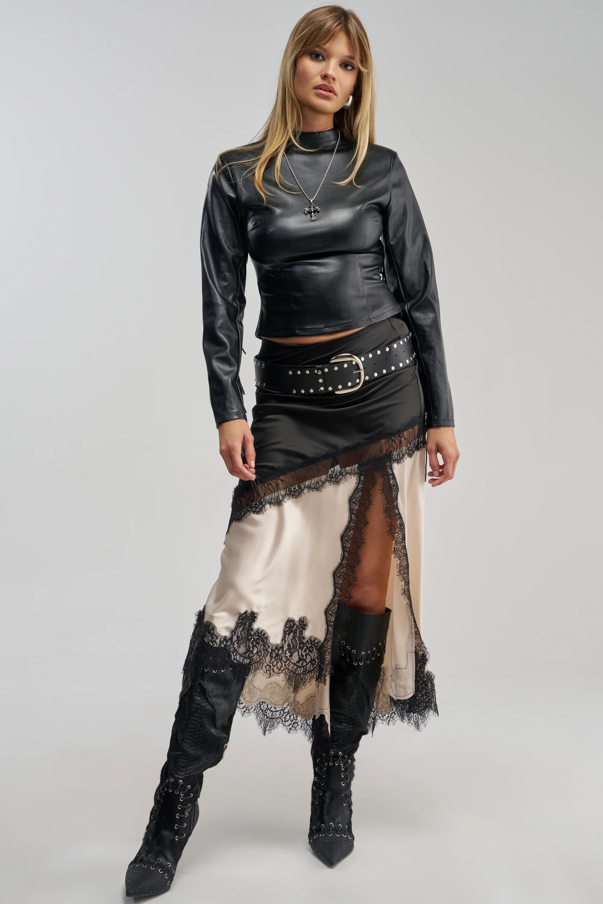 AKIRA Shine Bright Satin Midi Skirt | Black | Size 1X | AKIRA