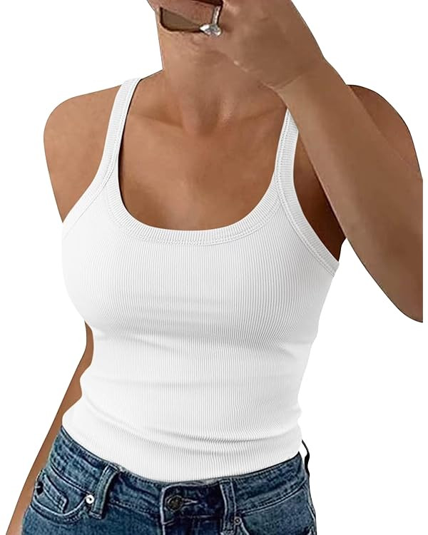 EADINVE Women's Spaghetti Strap Ribbed Tank Tops Scoop Neck Sleeveless Slim Fit Camisole 2024 | Amazon (US)
