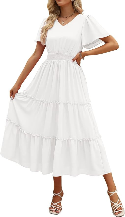 LILLUSORY Womens Smocked Modest Flowy Tiered Maxi Dresses 2023 Summer Casual Short Flutter Sleeve... | Amazon (US)