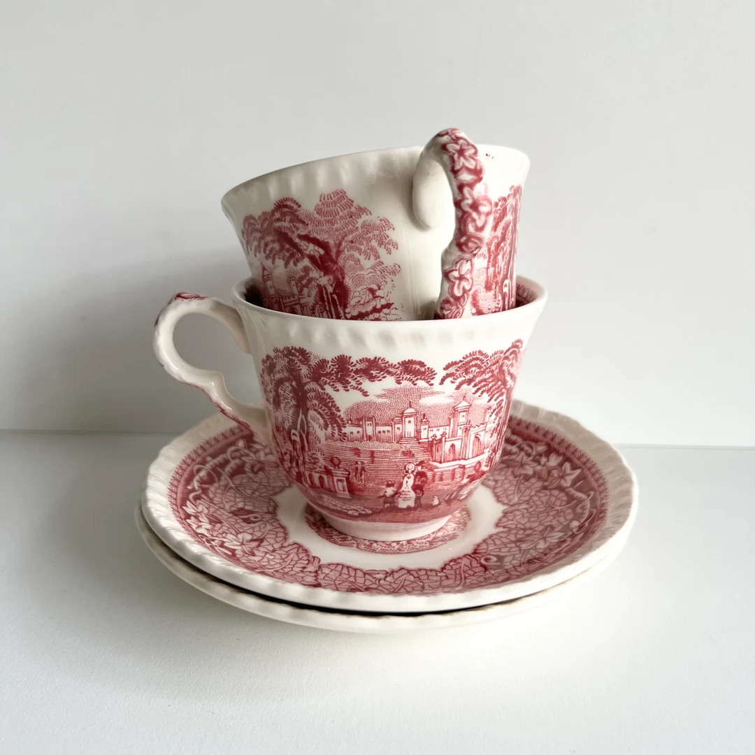 2 Transferware Cups and Saucers, Ironstone Red and White, Mason's Vista England, Family With Dog ... | Etsy (US)