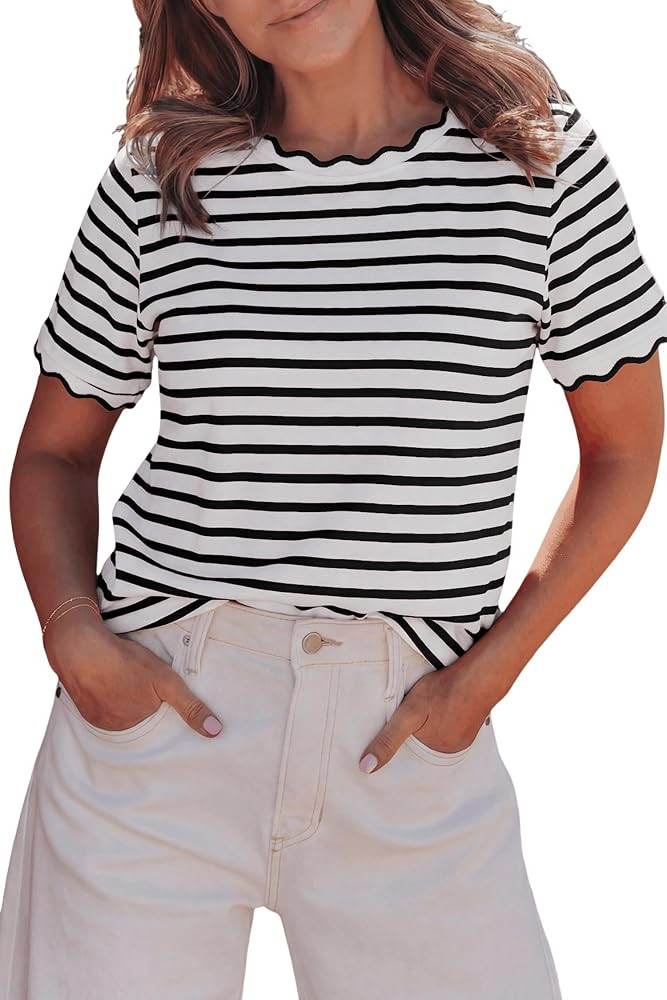 Women Crewneck Short Sleeve T Shirts Stripe Scalloped Trim Tops Summer Color Block Casual Trendy ... | Amazon (US)