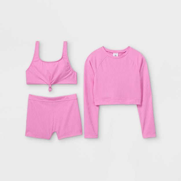 Girls' 3pc Long Sleeve Ribbed Rashguard and Bikini Short Set- art class™ Pink | Target