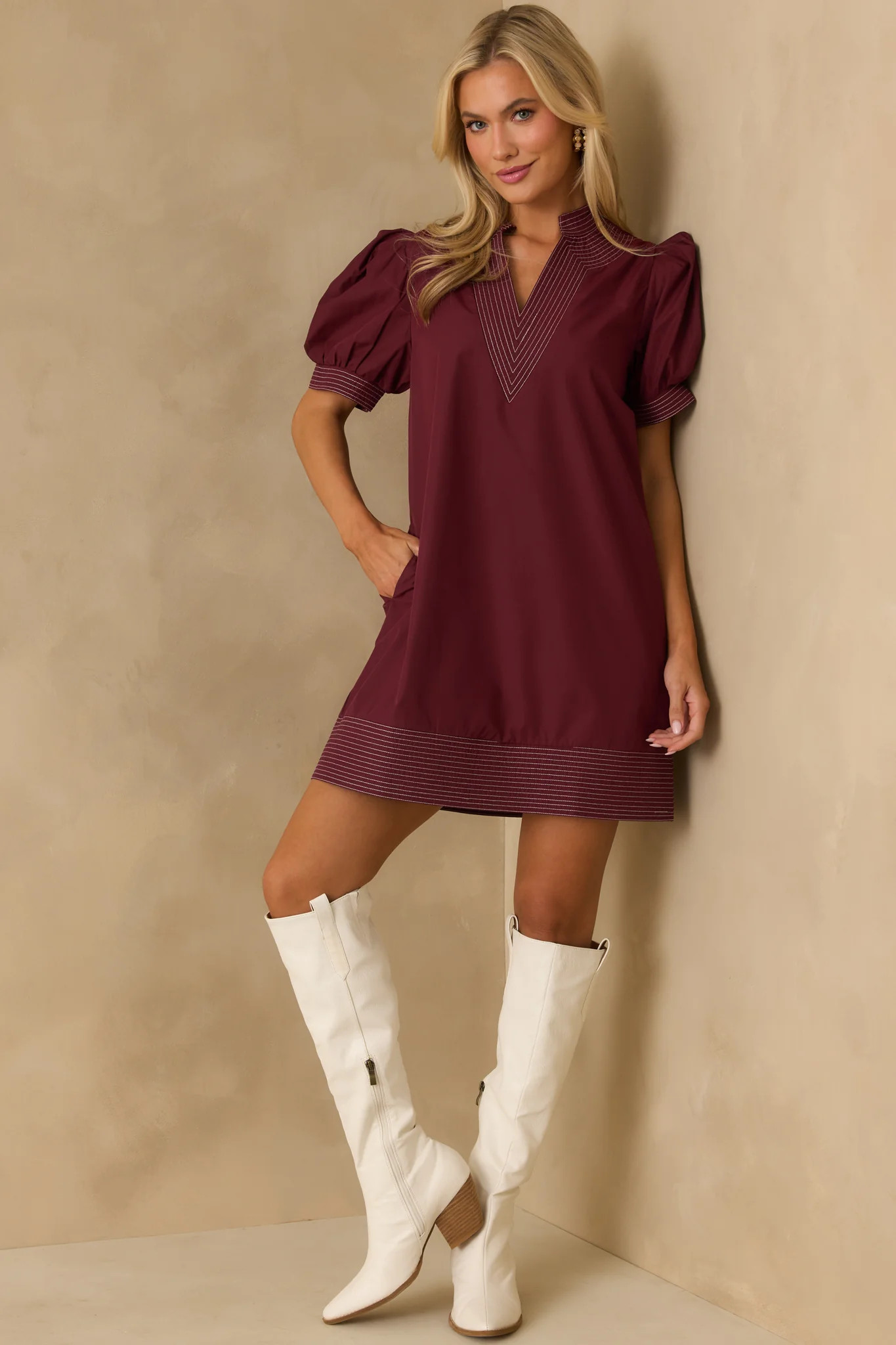 Took The Right Turn Burgundy Cotton Puff Sleeve Mini Dress | Red Dress