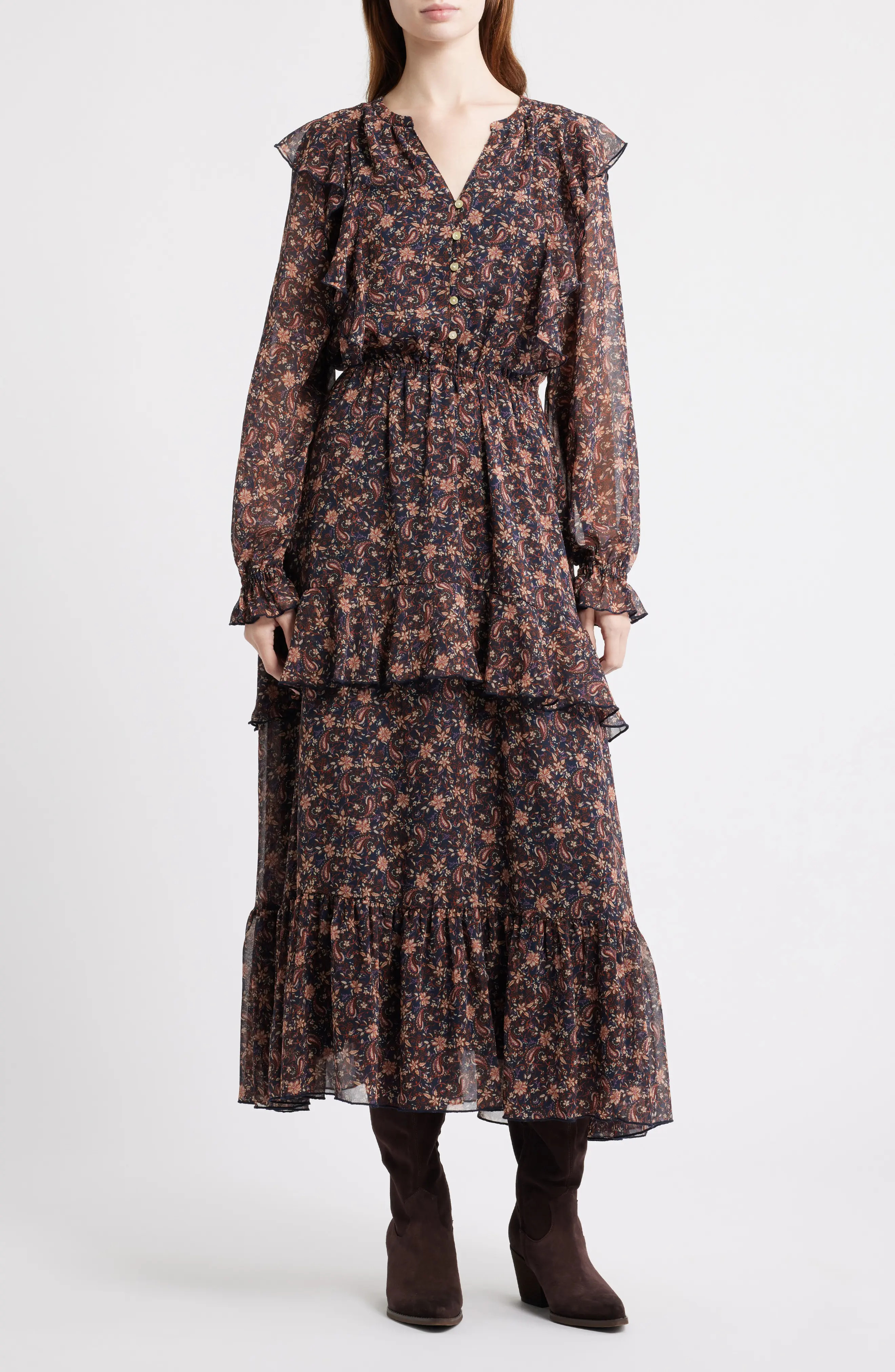 Treasure & Bond Paisley Tiered Ruffle Maxi Dress in Navy Mallory Paisley at Nordstrom Rack, Size X-Large | Nordstrom Rack