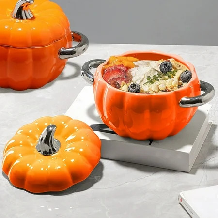 Hometravel Ceramic Pumpkin Soup Bowl with Lid, 1800ml Large Capacity Noodle Bowl with Handles, Home Kitchen Dining Ware for Daily Use, Serving | Walmart (US)