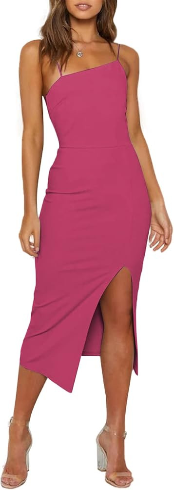 LYANER Women's Spaghetti Straps Split Hem Sleeveless Zipper Bodycon Midi Dress | Amazon (US)