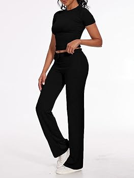 AnotherChill Women's 2 Piece Lounge Sets Straight Leg Pants Set Short Sleeve Crop T-shirt Casual ... | Amazon (US)