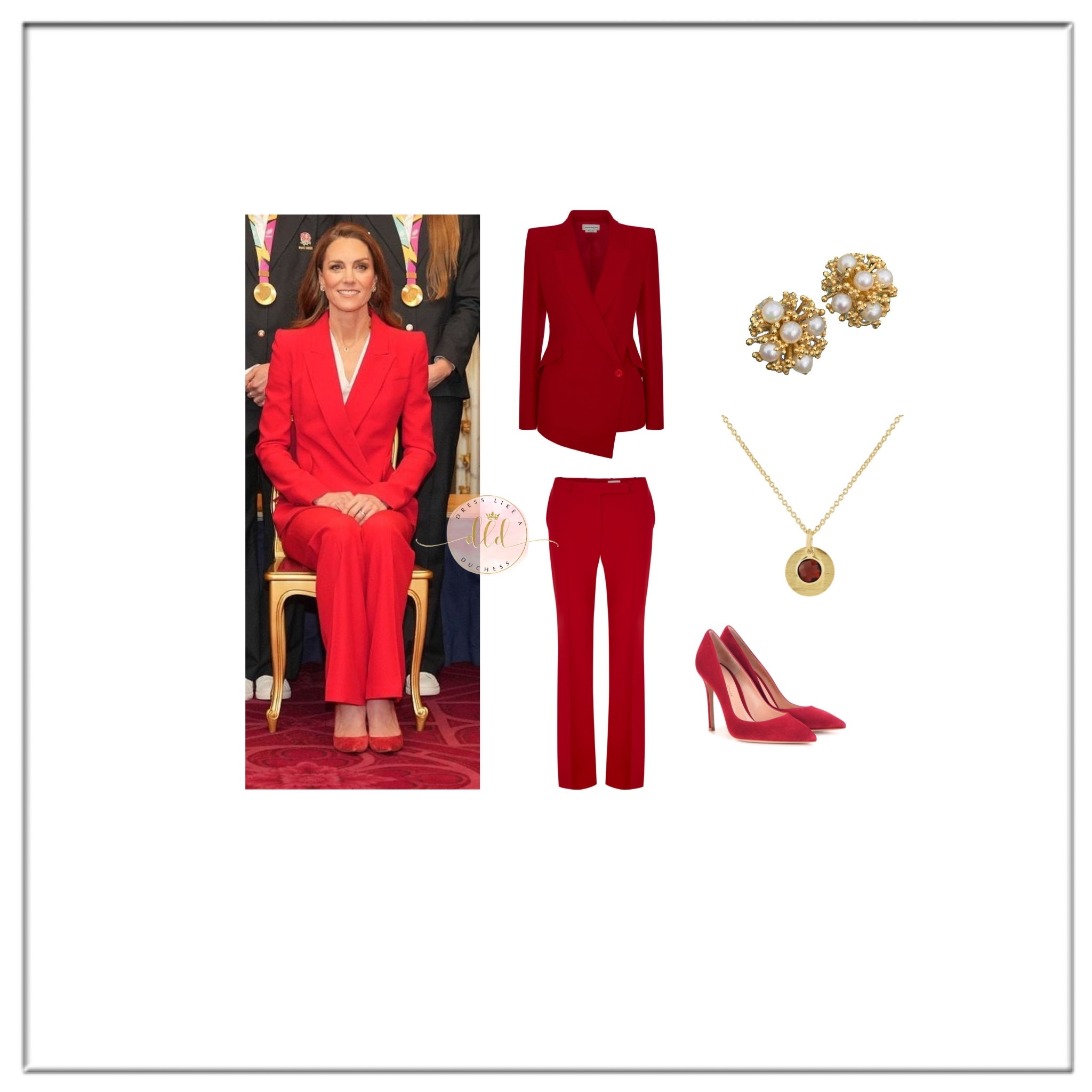 Kate Middleton hosting a rugby reception at Windsor Castle wearing red Alexander McQueen + Katherine James Pearl earrings + Auree Bali necklace + Gianvito Rossi red pumps 