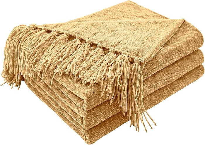 CozeCube Chenille Throw Blanket for Couch, Cozy Plush Fuzzy Decorative Light Brown Blanket with F... | Amazon (US)