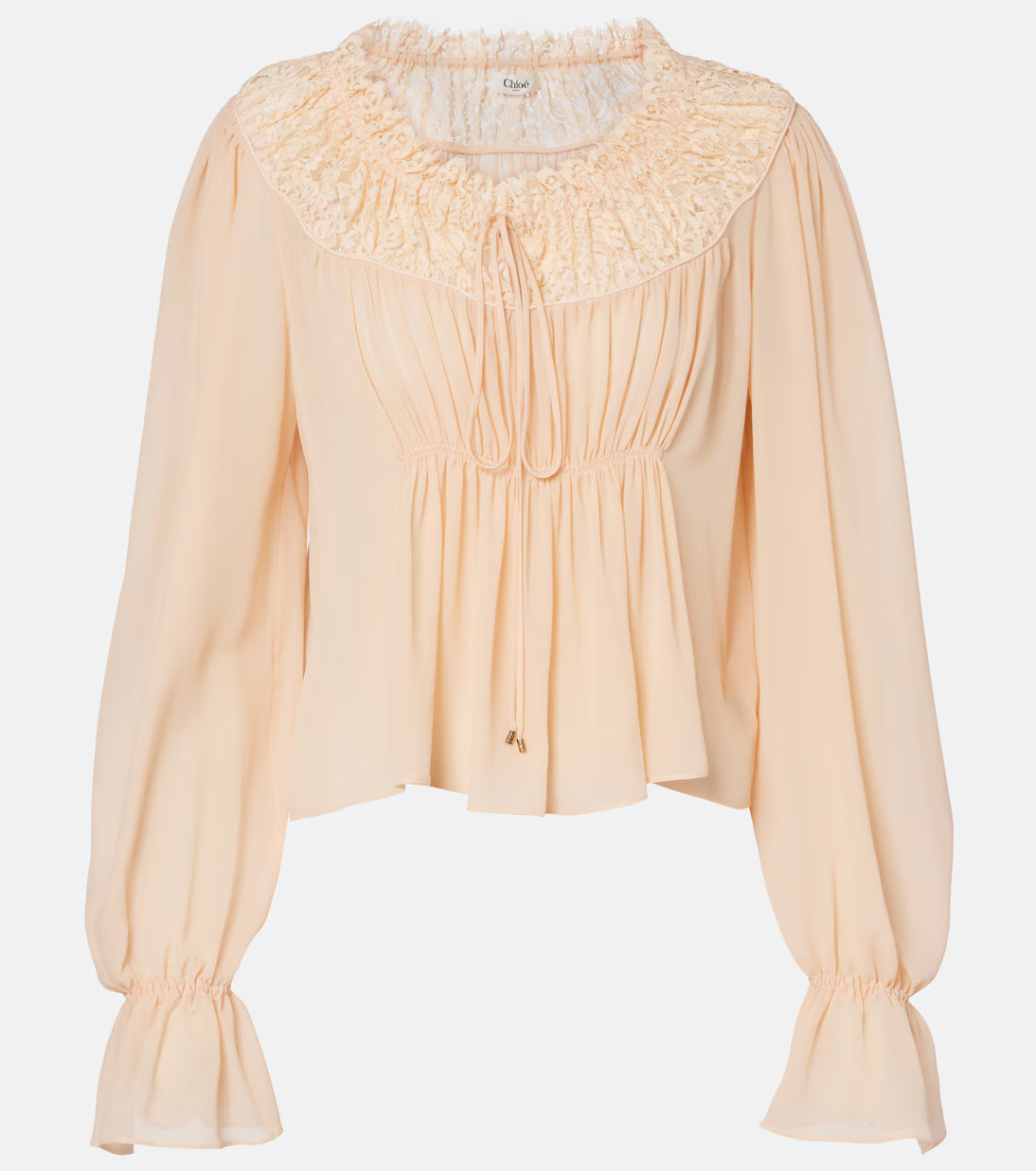 Shirred cropped lace-trimmed silk blouse | Mytheresa (US/CA)