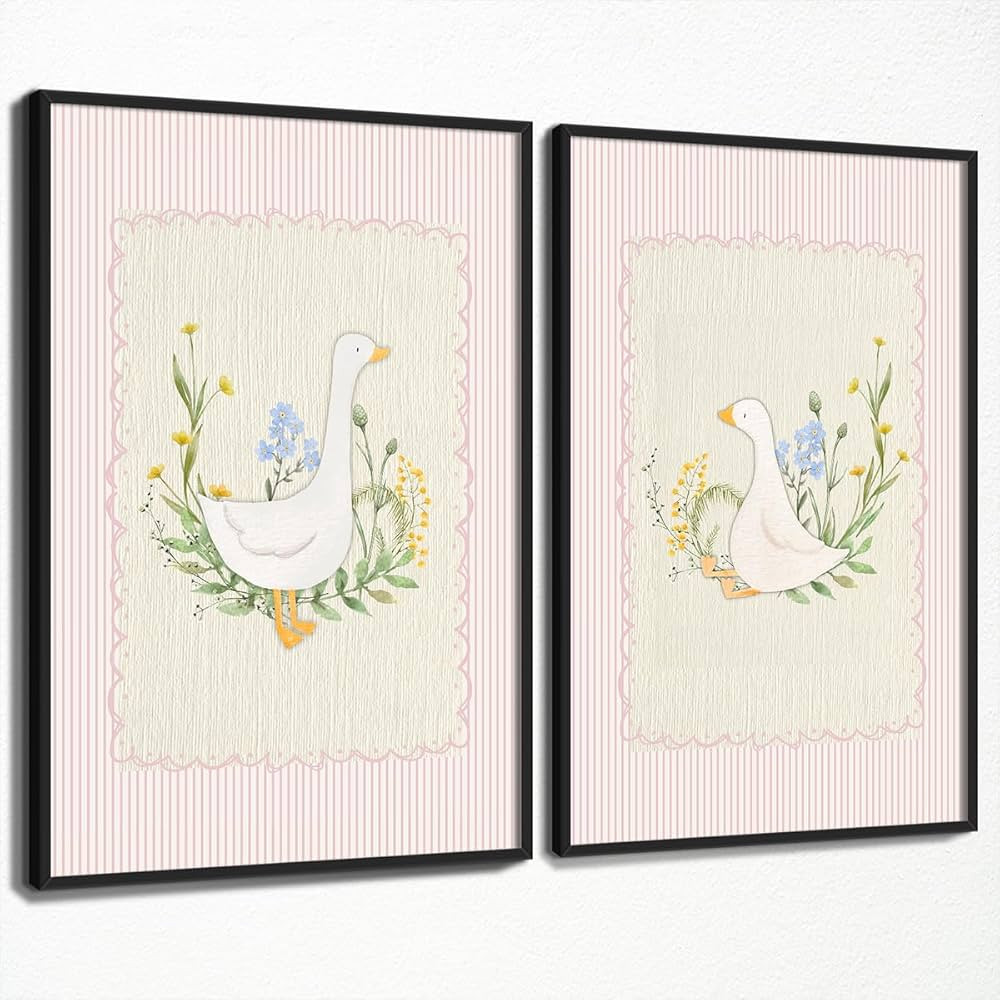 Silly Goose Canvas Wall Art, Pink Nursery Cute Animal Poster, Set of 2 Goose and Pale Pink Flower... | Amazon (US)