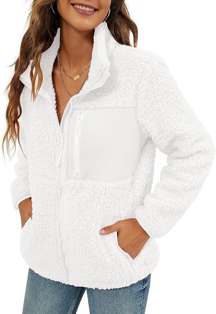 VVK Women's Fashion Faux Shearling Shaggy Full Zip Coats Warm Winter Patchwork Jackets with Pocke... | Amazon (US)