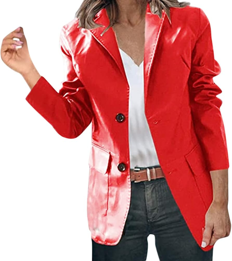 Women's PU Leather Suit Jacket Plus Size Button Faux Leather Blazer Jackets Casual Open Front Lap... | Amazon (US)