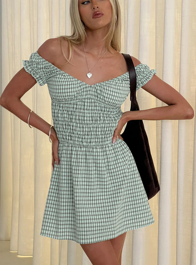 Olwen Ruched Romper Green Check | Princess Polly US