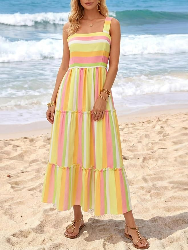 Yousify Womens Summer Maxi Dress 2026 Striped Casual Patchwork A Line Smocked Long Dress Boho Flo... | Amazon (US)