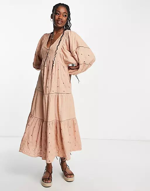 ASOS DESIGN mixed broderie midi dress with 70s sleeves in dusky pink | ASOS (Global)