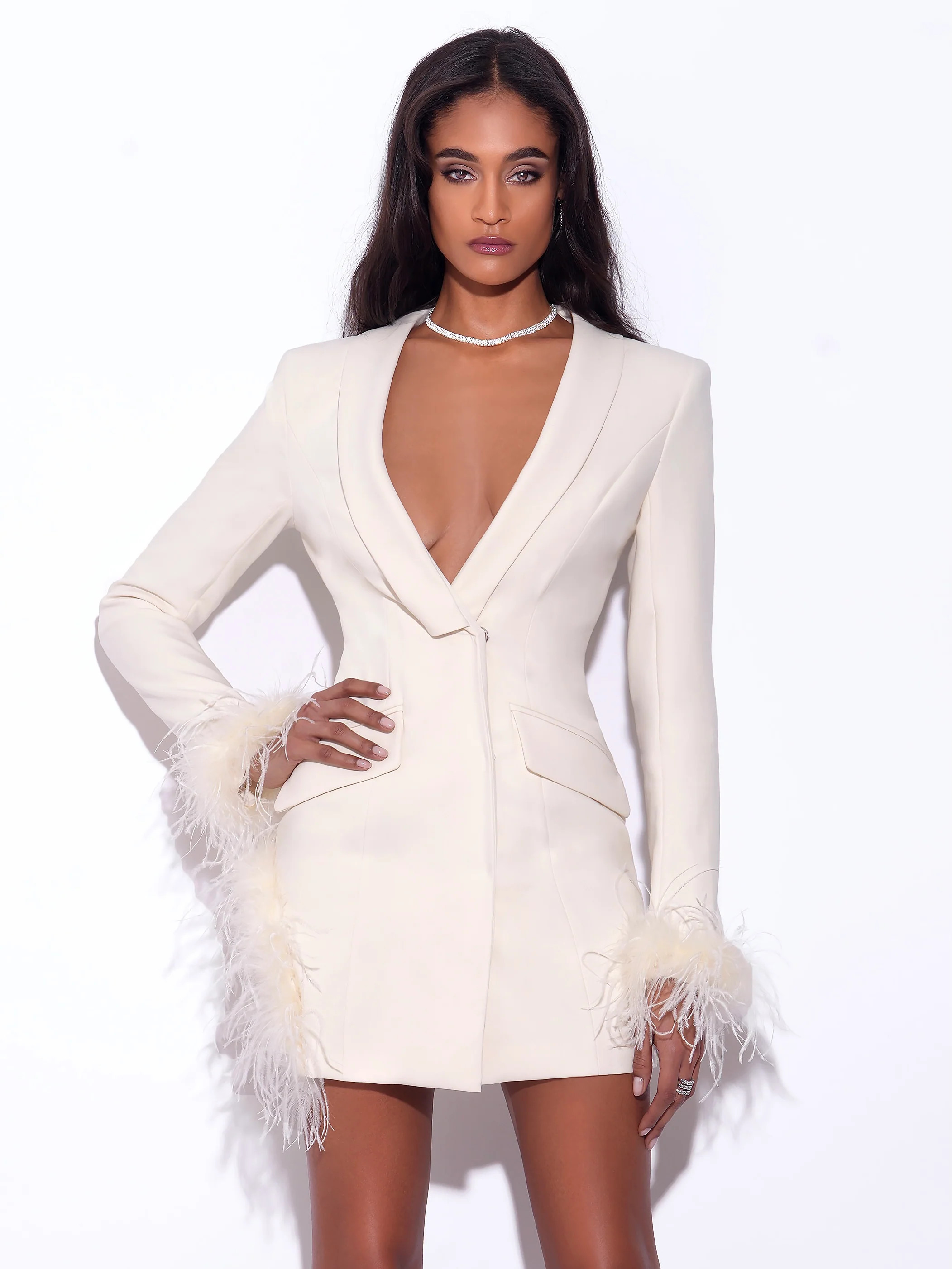 Madeline Pearl White Feather Trim Blazer Dress | Miss Circle