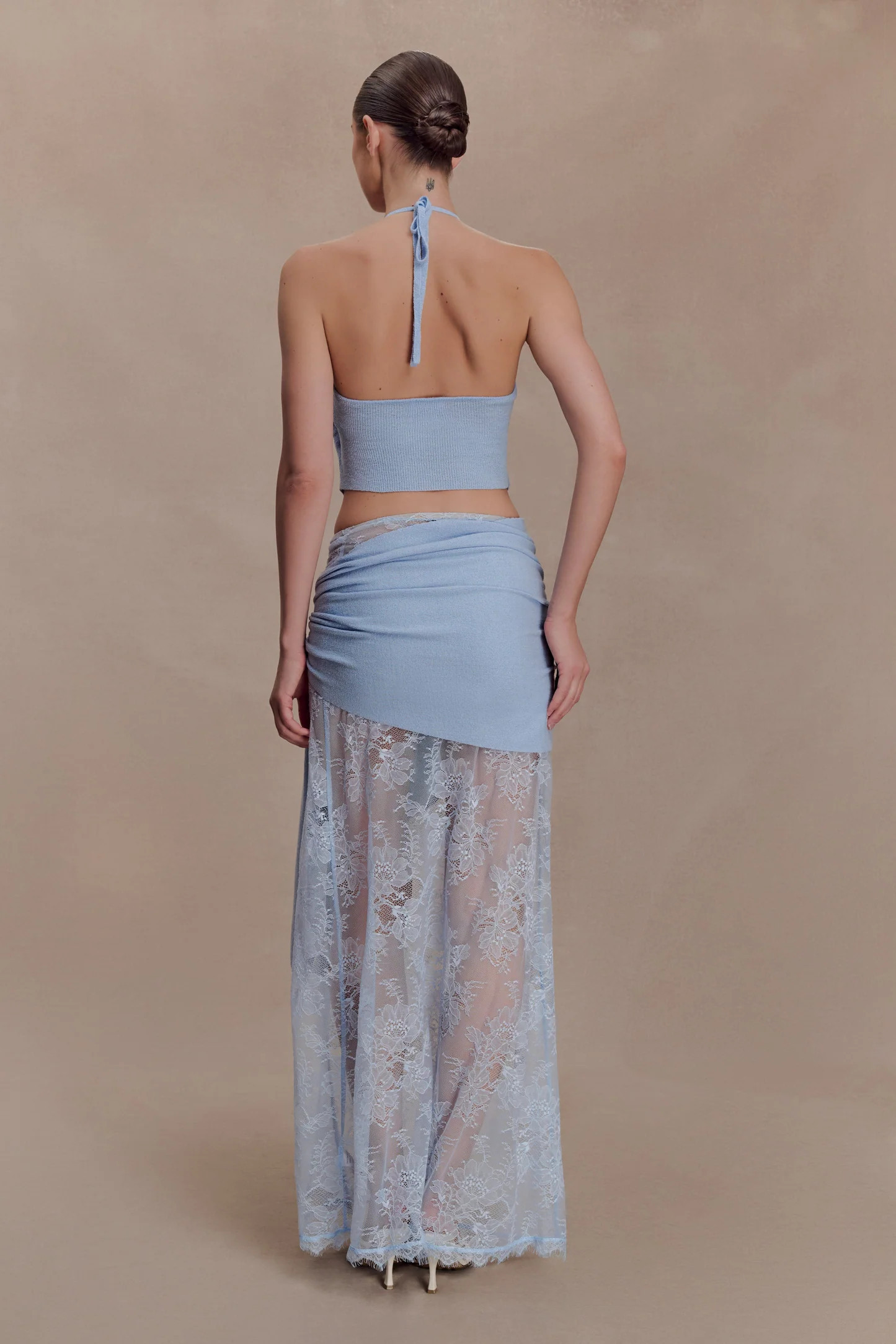Lucy Lace And Knit Halter Top - Cornflower Blue | Meshki UK