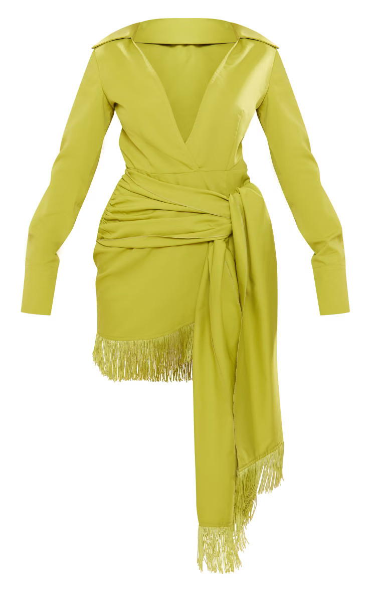 Lime Green Tassel Detail Long Sleeve Shift Dress | PrettyLittleThing UK