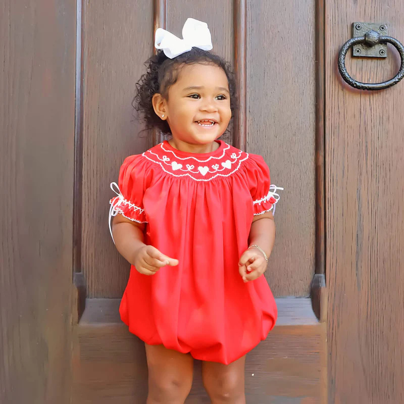 Heart Smocked Red Pique Ribbon Trim Bishop Bubble | Classic Whimsy