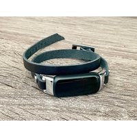 Slim Leather Fitbit Luxe Band, Black & Silver Bracelet, Women Strap, Boho Double Wrapped Band | Etsy (US)