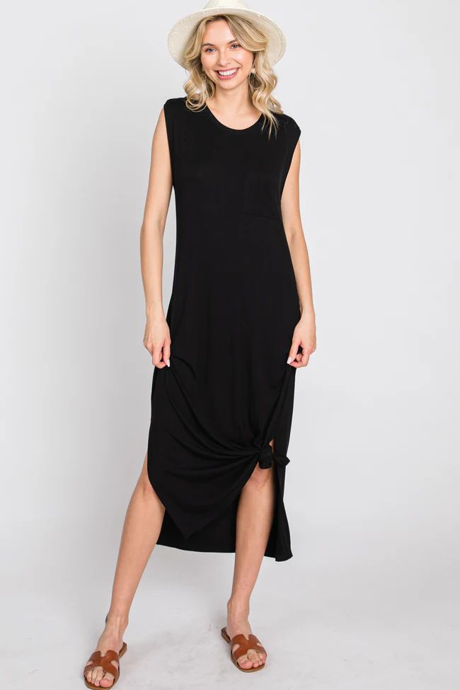 Black Sleeveless Front Pocket Midi Dress | PinkBlush Maternity
