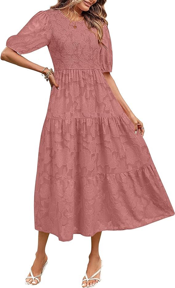 MEROKEETY Women's 2024 Summer Puff Sleeve Smocked Floral Dress Crewneck Lace Flowy Tiered Midi Dr... | Amazon (US)