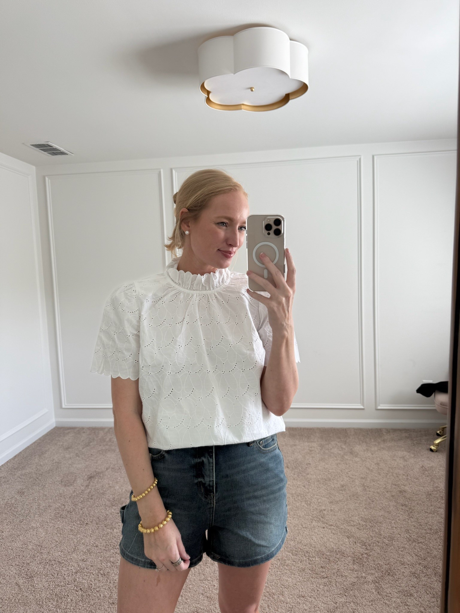 I can’t believe this adorable eyelet top is Walmart! Love the fit and ruffle detail. Dress this top up for work or wear casually with jeans or shorts. Wearing size small. Spring outfits // summer outfits // white tops // casual outfits // Walmart tops // Walmart finds // denim shorts 

#LTKStyleTip #LTKFindsUnder50 #LTKSeasonal
