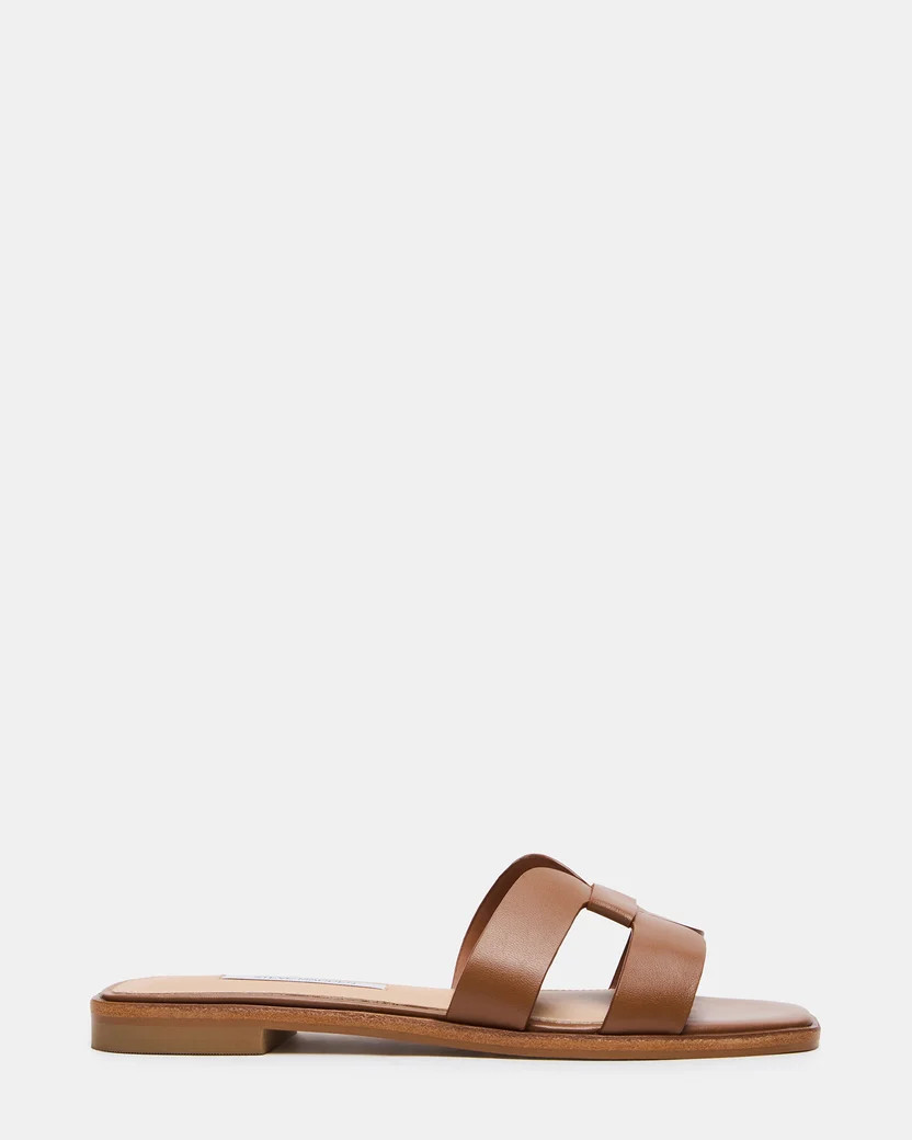 HIRA Cognac Leather Slide Square-Toe Mule Women's Sandal | Steve Madden (US)