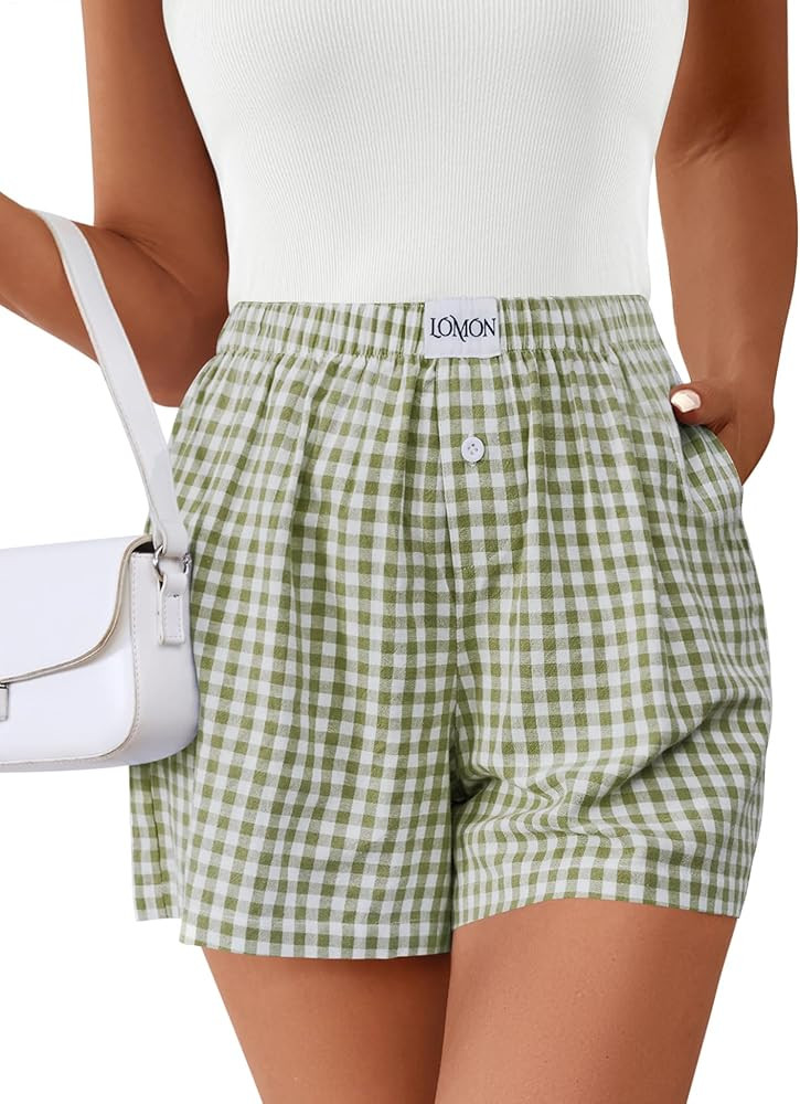 Lomon Boxer Shorts for Women Summer Gingham Pajamas 2026 Lounge Sleep Pj Plaid Shorts Y2K Beach B... | Amazon (US)