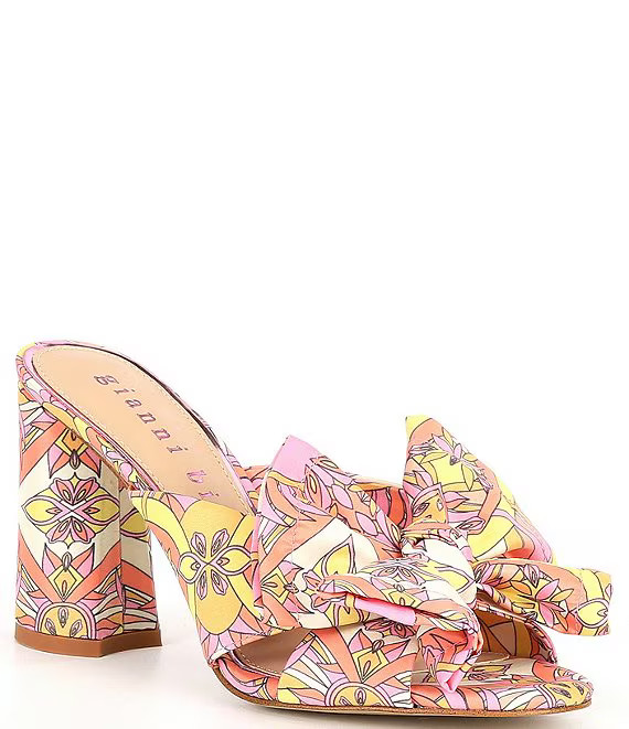 Keily Retro Printed Satin Bow Block Heel Sandals | Dillard's