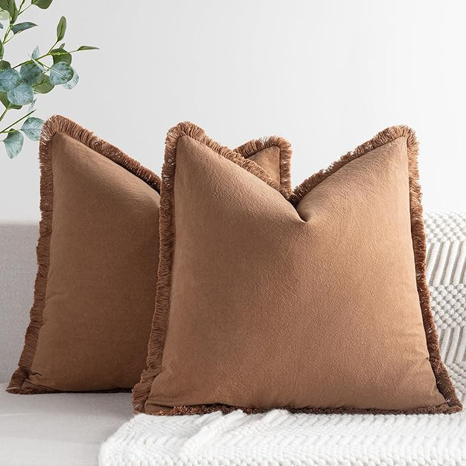 ZWJD Pillow Covers 20x20 Set of 2 Camel Throw Pillow Covers with Fringe Chic Cotton Decorative Pi... | Amazon (US)