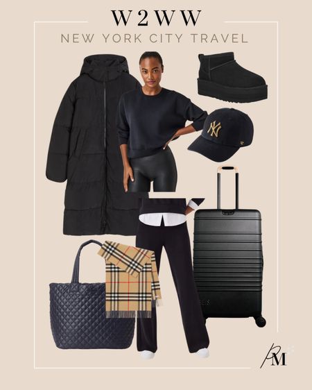 black puffer coat
spanx crewneck sweatshirt (tts, xs)
spanx wide leg pants (small regular)
ugg ultra mini platform boots (tts, 7)
beis 29” luggage
mz wallace black large metro tote
burberry scarf
ny baseball hat

#LTKshoecrush #LTKstyletip #LTKtravel