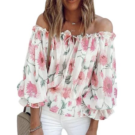 Sexy Dance Off Shoulder Floral Print Shirt for Women Boho Puff Sleeve Ruffle Blouse Tops | Walmart (US)